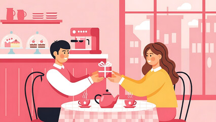 Giving a Gift at Cafe, Romantic Date Illustration