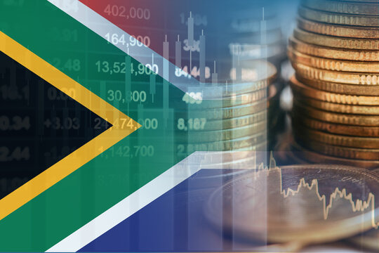 South Africa flag with stock market finance, economy trend graph digital technology.