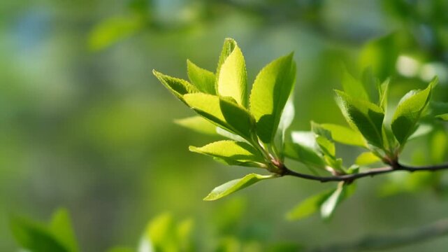Gentle wind moving new green leaves, fresh March seasonal atmosphere