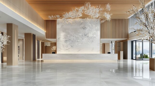 A modern hotel lobby featuring a reception desk, decorative trees, and a bright, airy atmosphere. The space is decorated with wood and marble.
