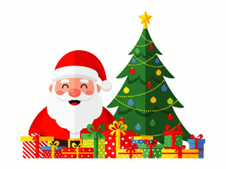Cheerful Santa Claus with a Christmas tree and pile of colorful presents, celebrating the holiday season.