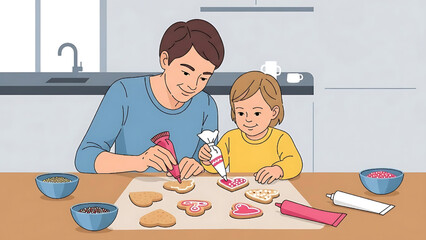 Father and Child Decorating Cookies Together at Home