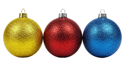 Obraz premium three perfectly spherical, hyper-sharp, glitter-coated glass christmas baubles (yellow, red, blue) centered against a transparent background, high-key lighting. festive luxury holiday still life