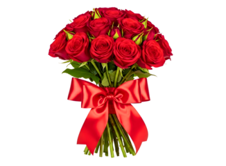A beautiful bouquet of fresh red roses, perfect for expressing love and passion, tied with a vibrant red ribbon bow. isolated on transparent background