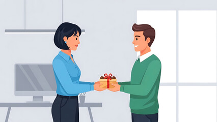 Giving Gift Illustration: Coworkers Exchanging Present in Office