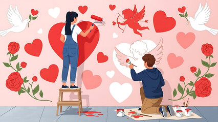 Valentine's Day Wall Art: Couple Painting Hearts and Cupid Together