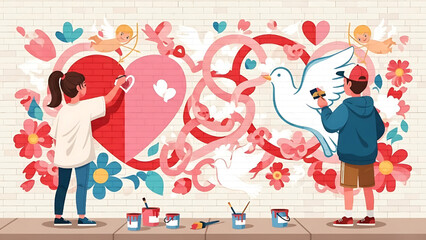 Couple painting mural with hearts and dove for love and peace concept