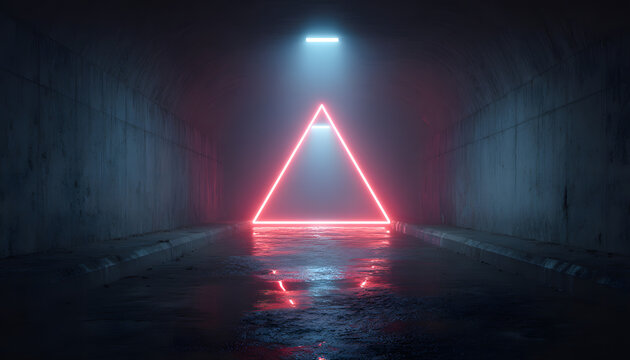 3d render. Geometric figure in neon light against a dark tunnel. Laser glow.