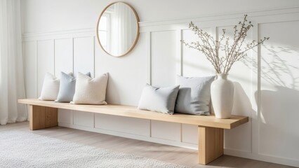 Nordic Living Room with Wood Bench and Round Mirror