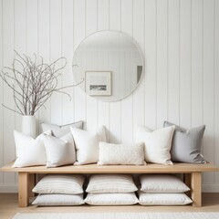 Nordic Living Room with Wood Bench and Round Mirror