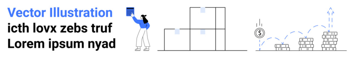 Business growth, financial planning, profit management, logistics, organization, data analysis. Person stacking boxes next to graph with dollar symbol. Business growth and financial planning visual