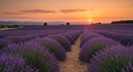 Obraz premium Lavender field at sunset. Rows of vibrant purple lavender bushes stretch towards a golden sunset