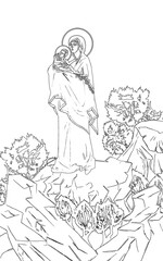 Holy Mary with Jesus Christ. Greek coloring page in Byzantine style