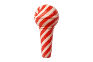 Red and white striped candy shaped like a microphone on transparent background representing music and sweetness concept
