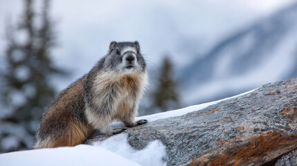 Naklejka premium A cute groundhog on a festive spring day. Groundhog Day. A groundhog with fluffy fur. Landscape view.