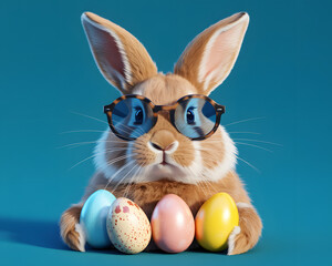 Cool easter bunny wearing sunglasses with colorful eggs