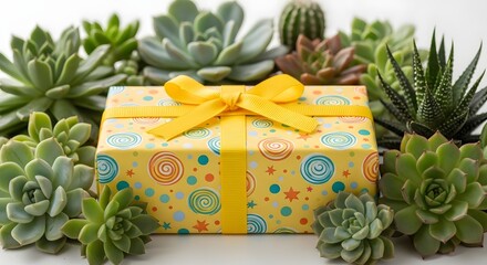 Gift box surrounded by various succulent plants on white background