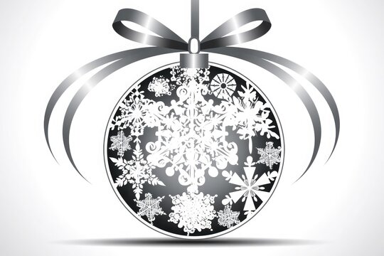 stylish Christmas ornament with snowflakes and ribbon on white background in black-gray color scheme for festive vector design