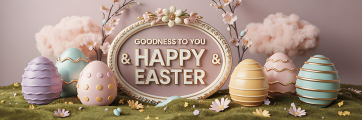 Elegant easter eggs and decorative frame with happy easter message