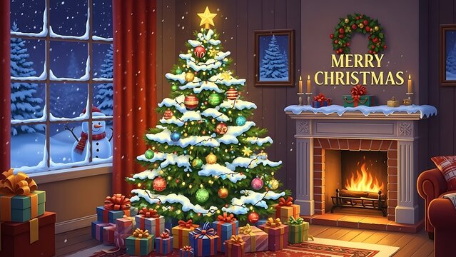Cozy Christmas living room with decorated tree and fireplace gifts snowman