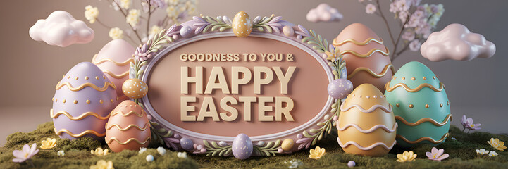 Festive easter eggs surround decorative frame with happy easter greeting