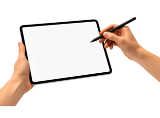 A person's hand holds a digital tablet while another hand prepares to use a stylus pen isolated on transparent background