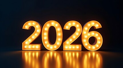 Bright illuminated marquee numbers spelling out the year 2026 on a reflective surface
