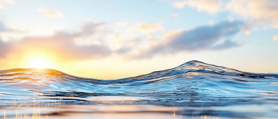 Close-up of ocean waves with a beautiful sunset in the background, creating a serene and peaceful atmosphere.