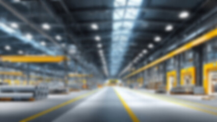 a blurred modern industrial warehouse with high ceilings and a long central walkway.