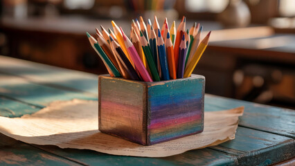 A collection of colorful pencils neatly arranged in a decorative wooden box sits on a rustic table