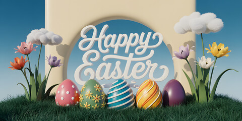 Festive easter eggs and flowers under a happy easter archway