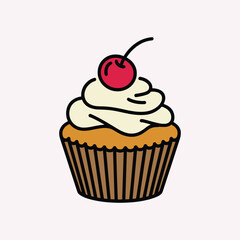 Simple cartoon cupcake with cream frosting and red cherry on top isolated on light pink background.
