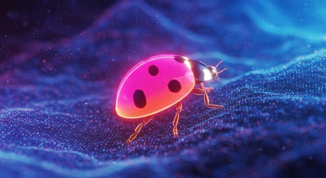 Pink Ladybug in Cyberspace - A ladybug glows pink against a blue, dreamlike background. Symbolizing: transformation, technology, luck, artificiality, and the intersection of nature and worlds