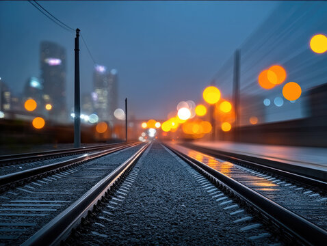 Blurred city lights and motion create dynamic night scene with empty railway tracks leading into urban skyline