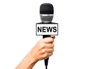 A person's hand grasps a microphone labeled with 'news' for reporting isolated on transparent background