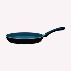 Simple flat illustration of a black frying pan with a blue interior and black handle on a light pink background.