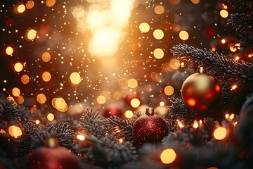 A cinematic digital image of warm golden and red Christmas ball with bokeh bright