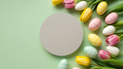 Easter eggs and tulips arranged on a soft green background