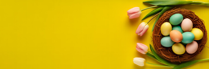 Easter nest filled with pastel colored eggs and tulips on yellow background
