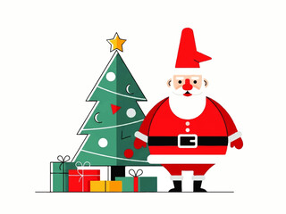Illustration of Santa Claus standing next to a decorated Christmas tree with gifts underneath, against a plain background.