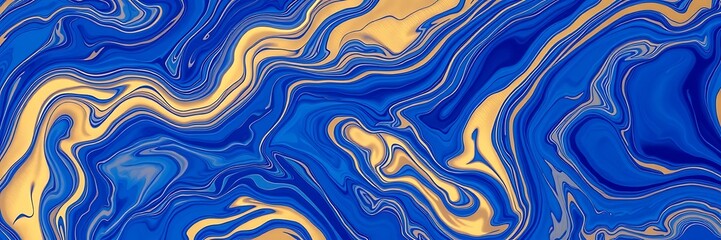 Obraz premium Abstract swirling pattern of vibrant blue and gold liquid paint
