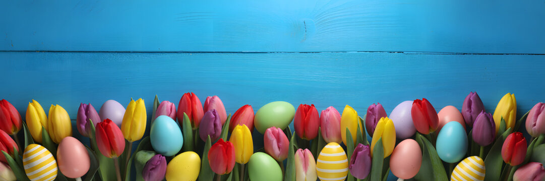 Colorful easter eggs and tulips border on rustic blue wooden background - Powered by Adobe