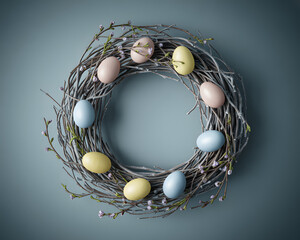 Rustic easter wreath adorned with pastel colored eggs and twigs