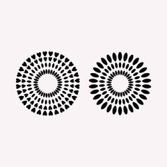 Two black circular abstract patterns one with hearts one with oval shapes on a pale pink background.