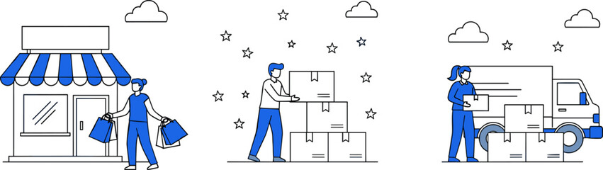 Retail logistics illustration, shopping process, inventory management, delivery service, e-commerce flow, supply chain concept, customer purchase, warehouse, shipping truck