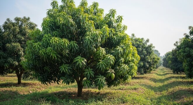 Lush mango trees in a well-maintained orchard.  Sunlight illuminates the vibrant green foliage