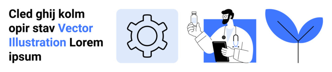 Gear symbol, doctor holding a bottle, and minimal leaf art combine innovation, wellness, and nature. Ideal for innovation, health tech, eco-friendly solutions, business concepts education minimal