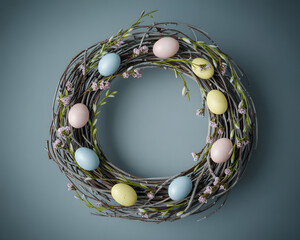 Rustic easter wreath adorned with pastel colored eggs and twigs