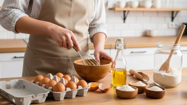 Woman in apron whisking ingredients in a wooden bowl for baking healthy food for concept of homemade dish or dessert.