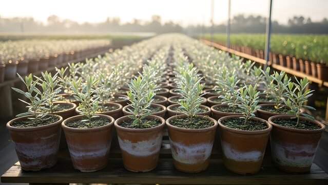 Rows of potted plants with silver foliage in a greenhouse nursery under bright sunlight conditions today - Powered by Adobe